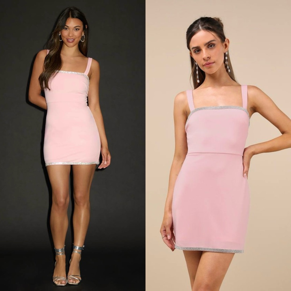NWT LULUS Crystal Trim Pastel‎ Y2K Square Neck Sleeveless Bodycon Slip Dress L
